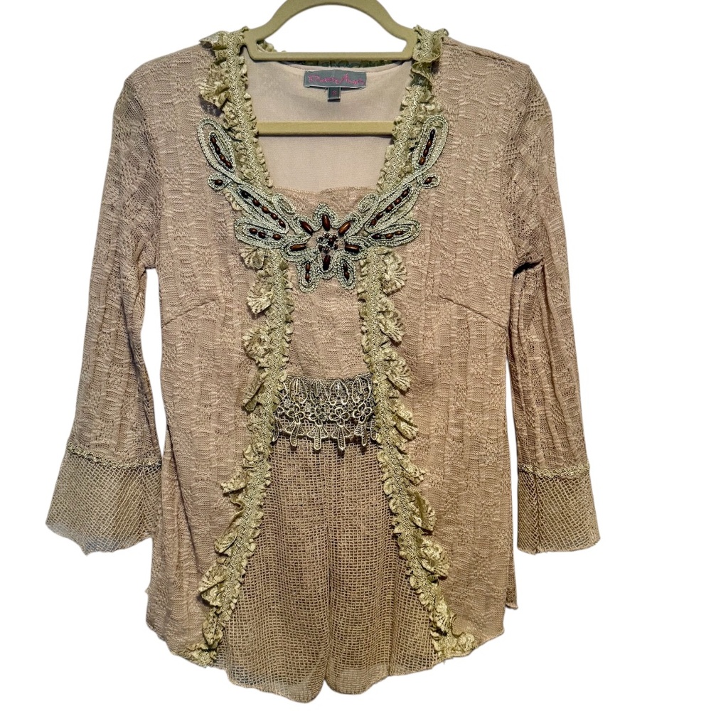 Pretty‎ Angel Linen Blend Top Lace Bead Trim Size Small Beige